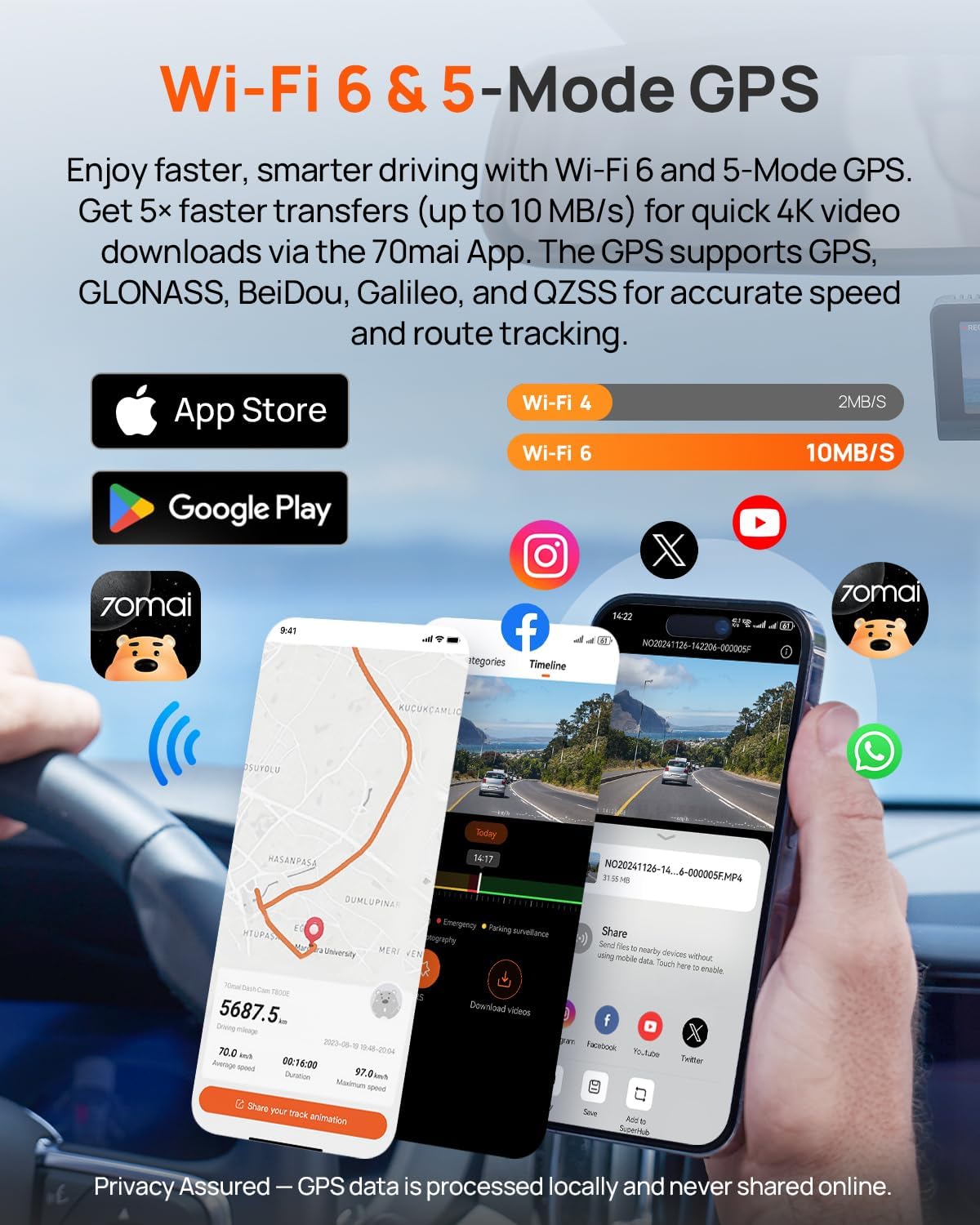 70mai 4K Dash Cam Front and Rear Inside, 3 Channel Car Dash Camera for Cars, Dashcam with GPS, Wi-Fi 6, Voice Control, Parking Monitor, Night Vision, Loop Recording, 64GB SD Card Included (T800E) - Image 5