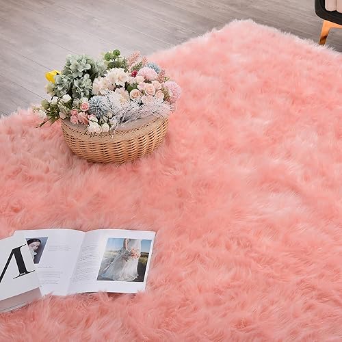 Miniatura 6 de ORINOVA Alfombras de felpa para sala de estar, de 6 x 9 pies, para habitación de niños, color rosa, lavable, de piel de oveja sintética, para