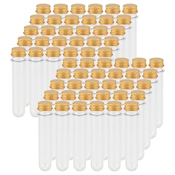 LEXININ 60 PCS 40ml Clear Plastic Test Tubes with Lid, Gold Screw Caps for Craft Wedding Decor