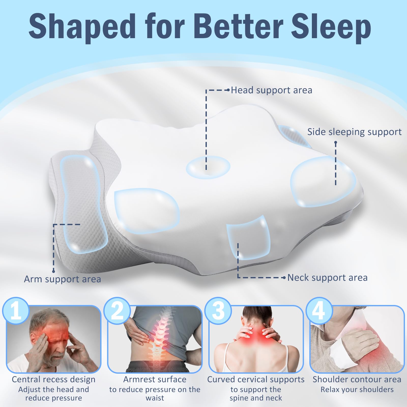 DROMEZ Cuscino Cervicale per Dormire, Cuscino Ortopedico Ergonomico, Memory Foam con Fodera Rimovibile, Dolori al Collo e Spalle, per Dormire di Lato, Supini e a Pancia in Giù, 62x37x9/14 cm