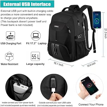 18.4 Laptop Backpack for Men,55L Waterproof Extra Large Travel Backpack Work Bag with USB Charging Port,TSA Big Business Computer Rucksack for Men,Water Resistant Anti Theft College School Bag - Black