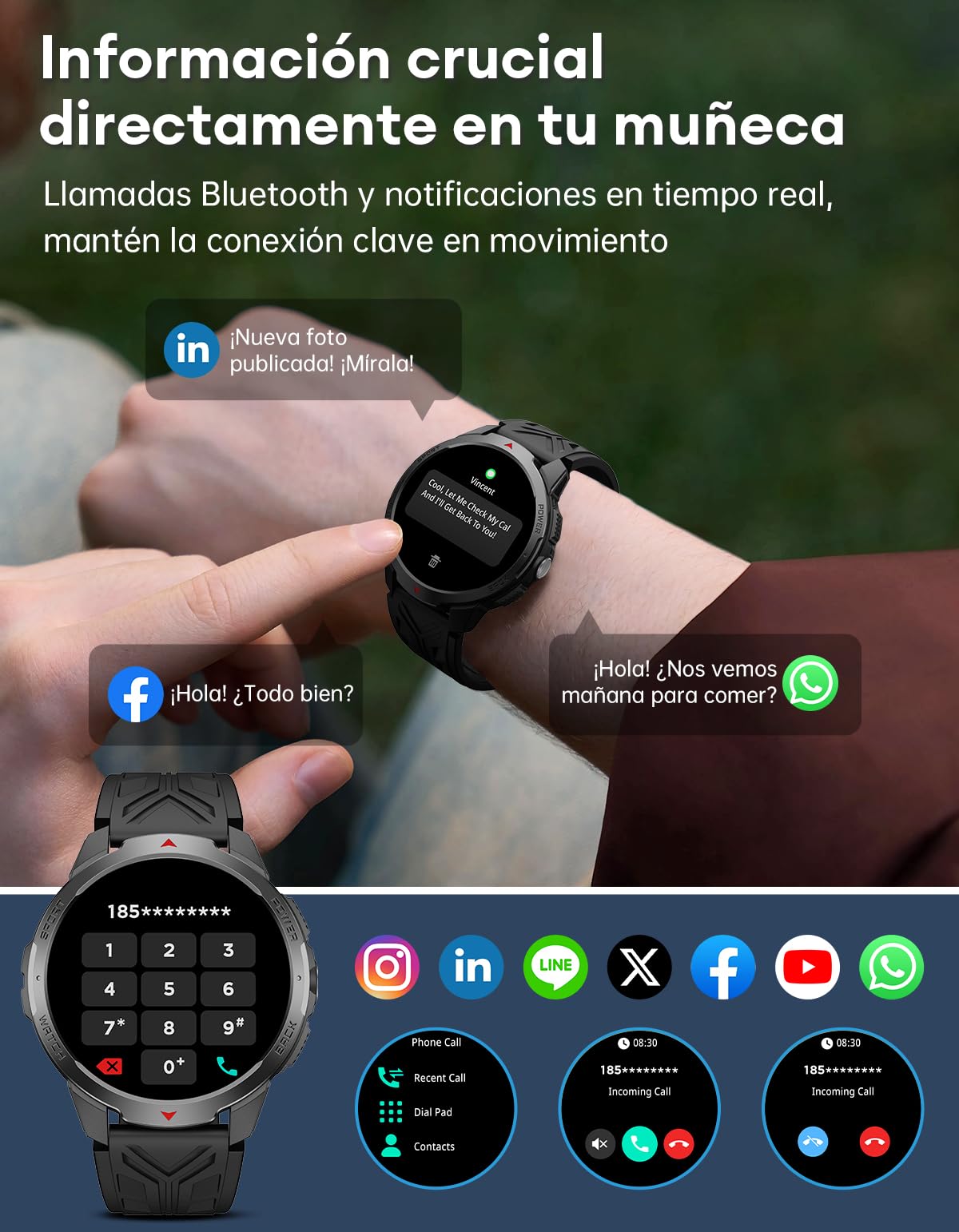 Reloj Inteligente Hombre - Batería de 1100mAh/30 Días, 1,7'' Smartwatch Militar con Linterna/Brújula/3ATM Impermeable/Pulsómetro/SpO2/Sueño para Android iOS, Negro