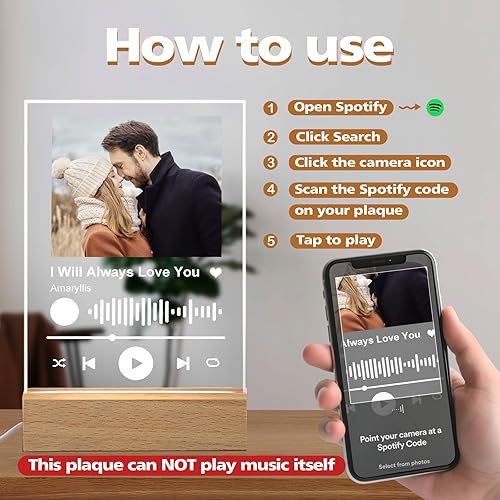 Miniatura 3 de Placa personalizada de Spotify  Canción acrílica personalizada con cubierta de álbum de fotos  Luz nocturna LED grabada con imagen  Regalos