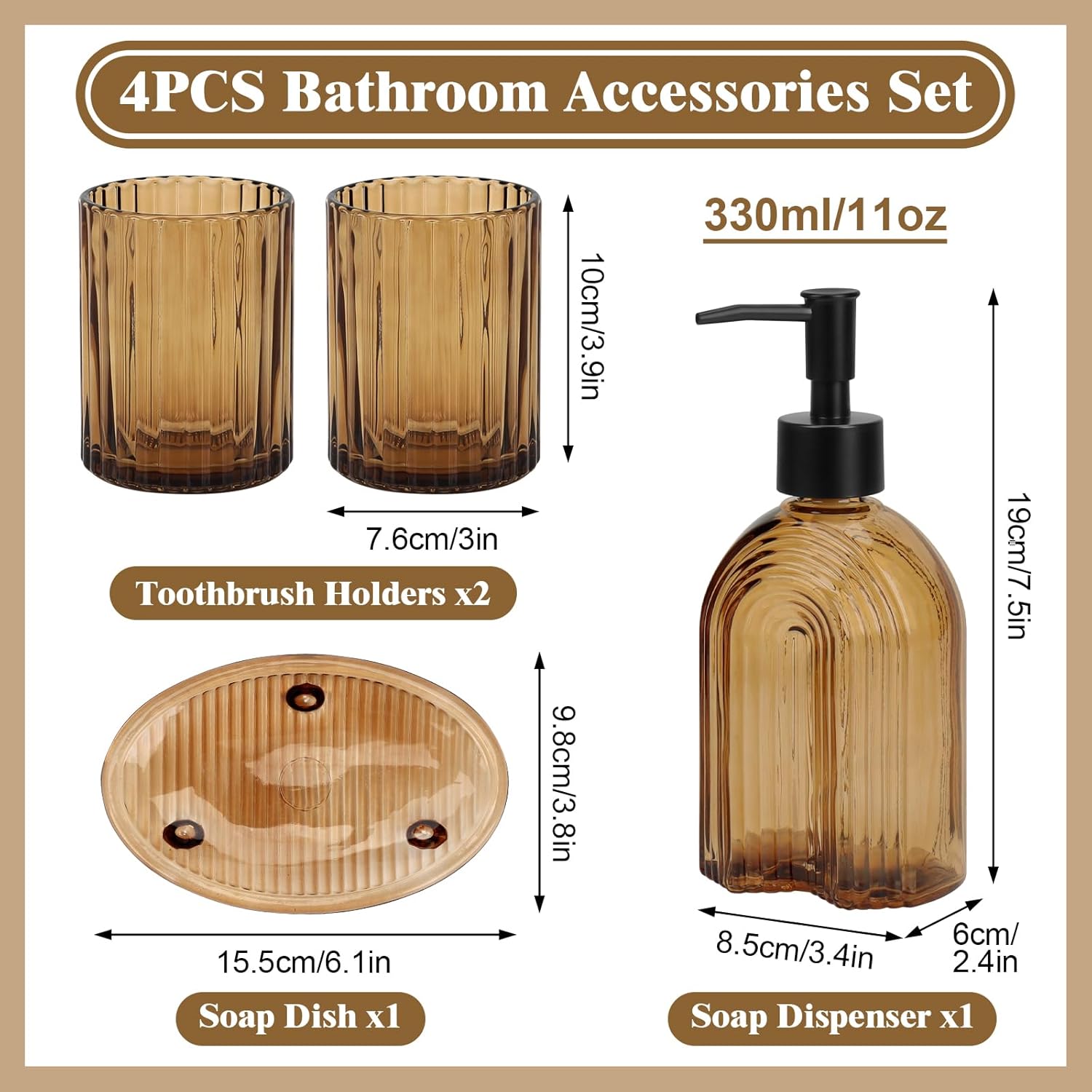 Topsky 4 Pcs Glass Bathroom Accessories Set,11oz Liquid Arch Design Hand Soap Dispenser with Stripe Toothbrush Holder,Mouthwash Cup,Soap Dish for Bathroom Countertop,Heavy Weight,Amber