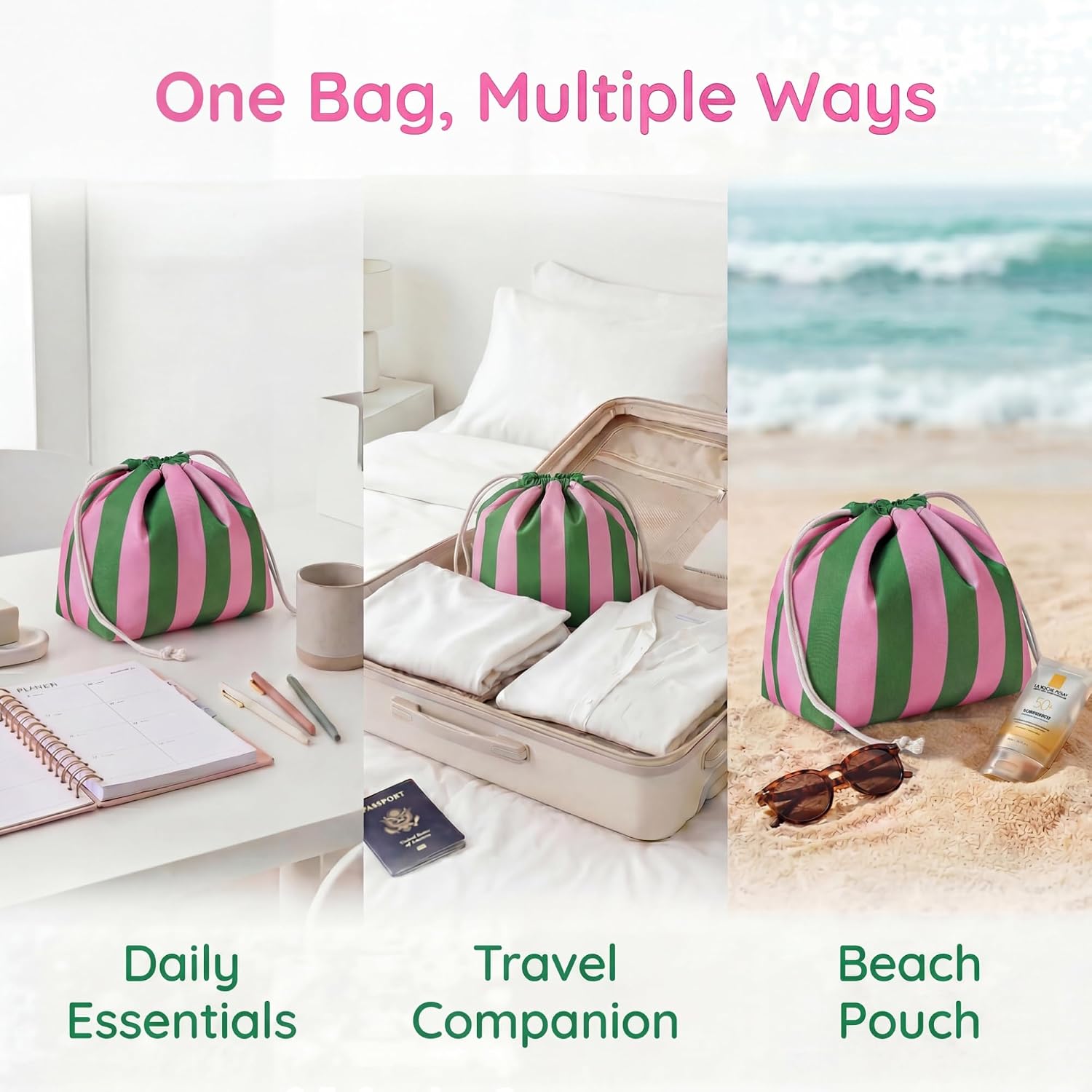 RSRSLEII Striped Drawstring Travel Makeup Bag, Toiletry Bag(01Green&Pink)