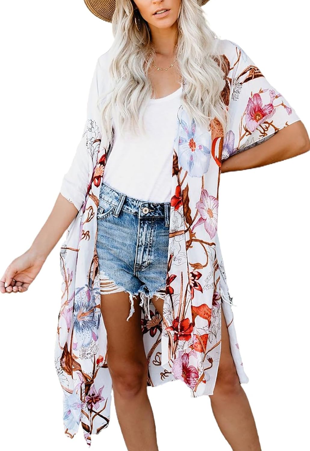 Jayscreate Women's Chiffon Kimono Cardigans Lightweight Batwing Summer Casual Long Boho Sheer Cardigan for Women Coverup Tops