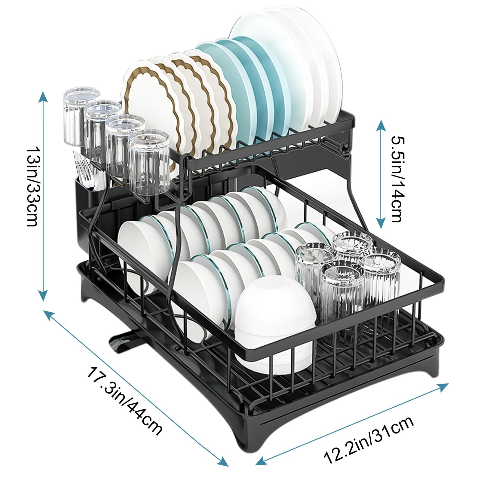 TidyIsles Escurreplatos – Escurridor de platos de 2 niveles que ahorra espacio con soporte para utensilios, escurridor de platos para encimera de cocina, escurridor de fregadero con estante para tabla