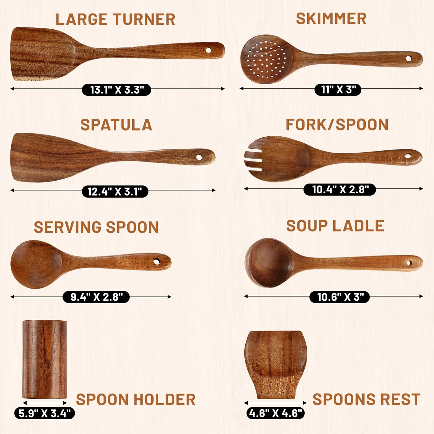 Unokit Cooking Utensils Set for Kitchen - 8 Piece Nonstick Natural Teak Wooden Spoons for Cooking, Comfort Grip Kitchen Utensils Set, Teak Wooden Utensil Set with Holder and Spoon Rest