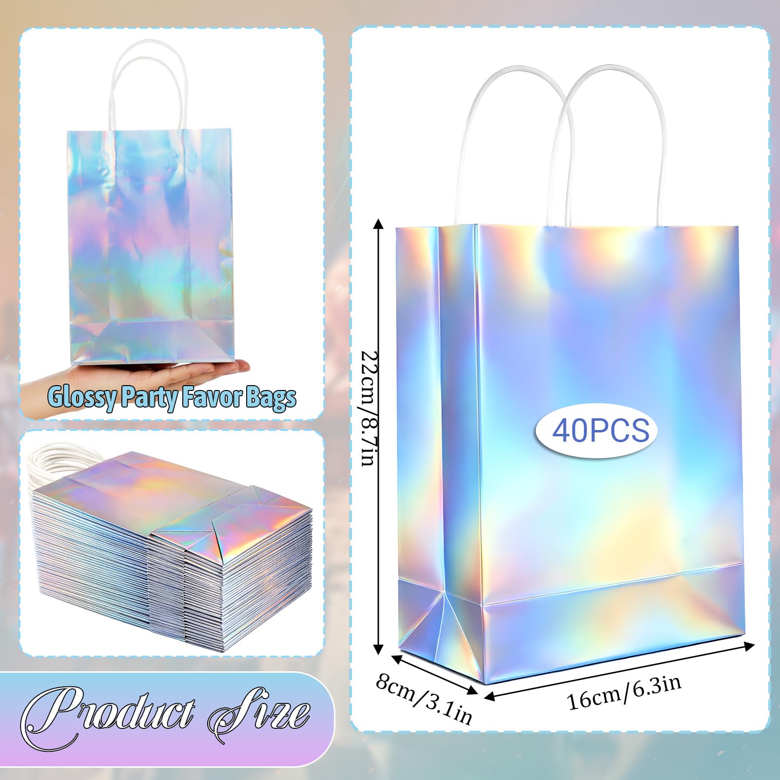 IMengjbang 40 Pcs Iridescent Gift Bags with Handle, 8.3 x 5.9 x 3.1 Inch Holographic Glossy Paper Goodie Bags Reusable Glitter Party Favor Tote for Birthday Wedding Bachelorette Party Boutique