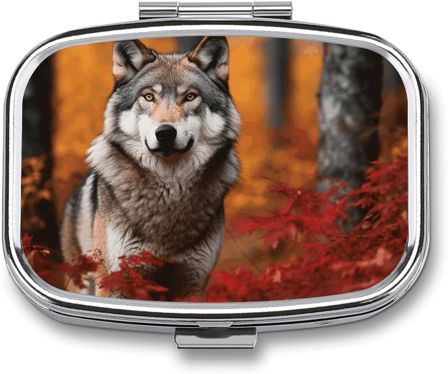 Autumn Animals Wolf Square Pill Case, Metal Pill Organizer