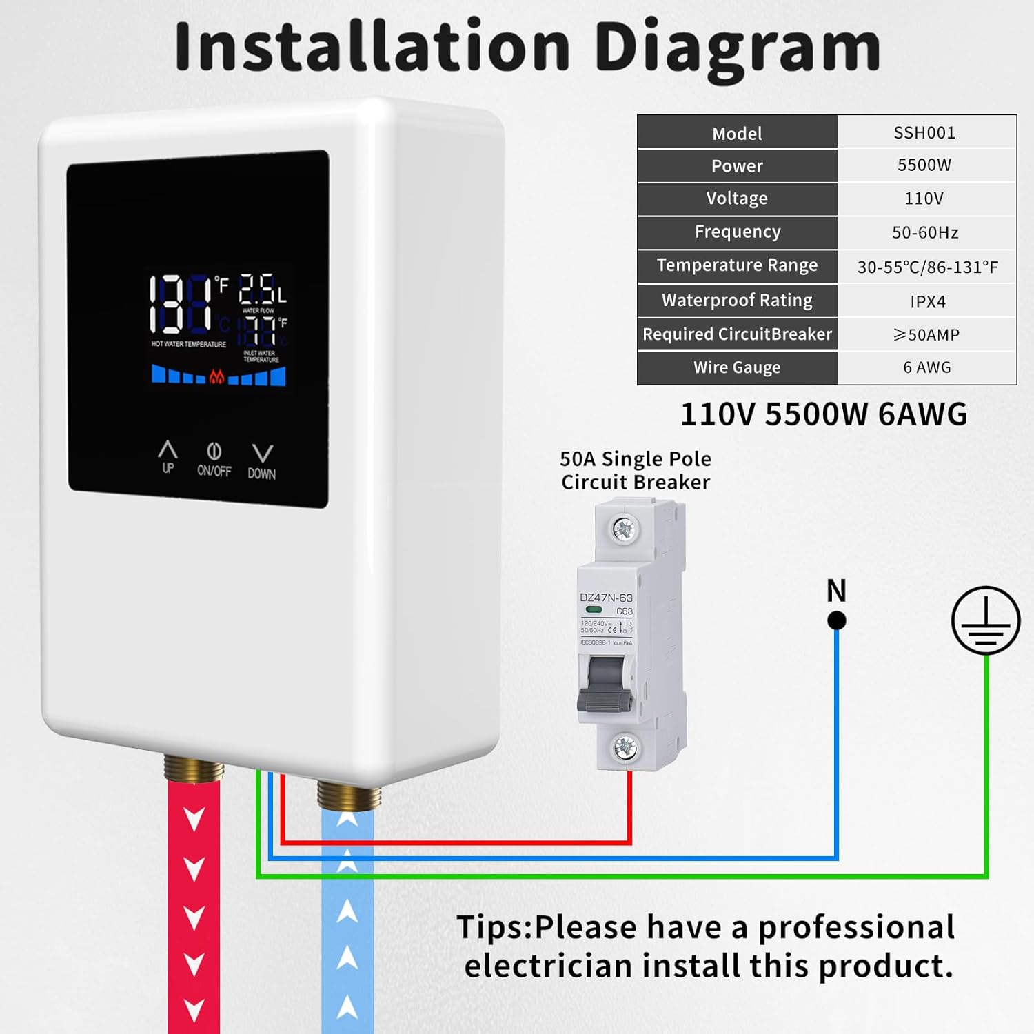 Installation diagram showing electrical and water connections