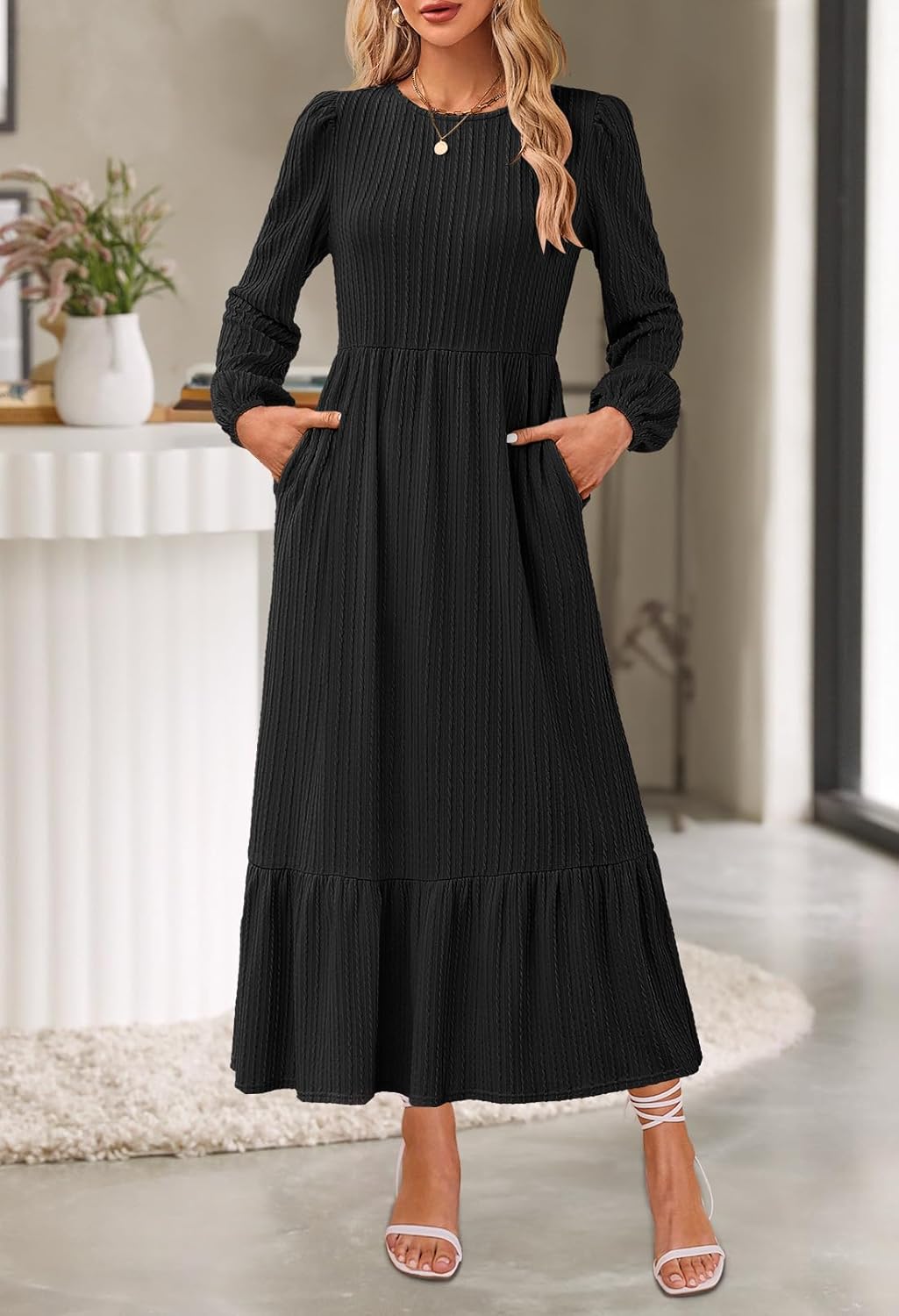 MEROKEETY Women's Fall Long Sleeve Maxi Dresses 2025 Casual Knit Crew Neck Tiered Flowy Pockets Dress - Image 2