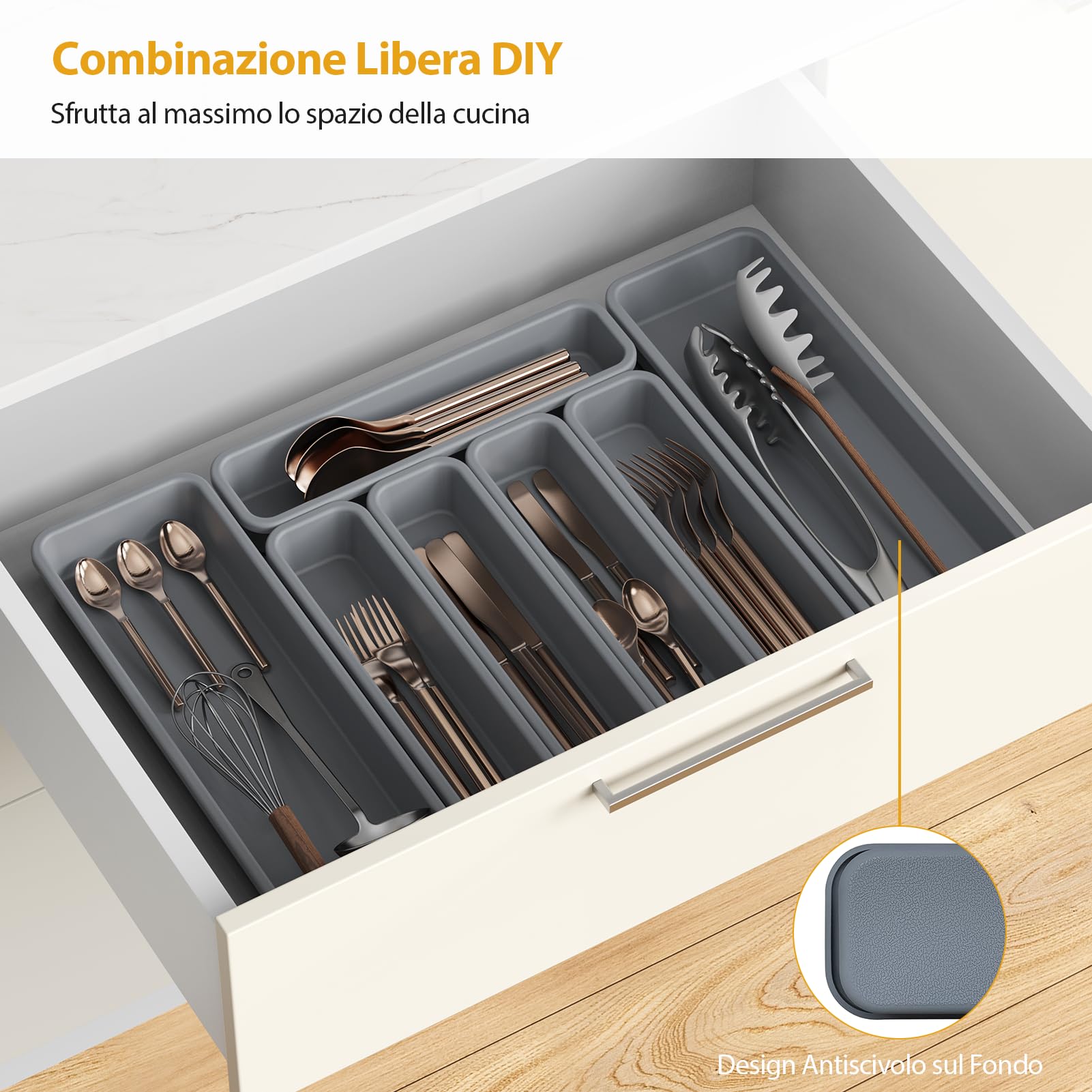 Portaposate da Cassetto, DIY Porta Posate Cucina Cassetto, Silicone Organizer Posate da Cassetto, 7 Pezzi, Resistente all'umidità e al Calore Fino a 200 °C, Antiscivolo (Grigio)