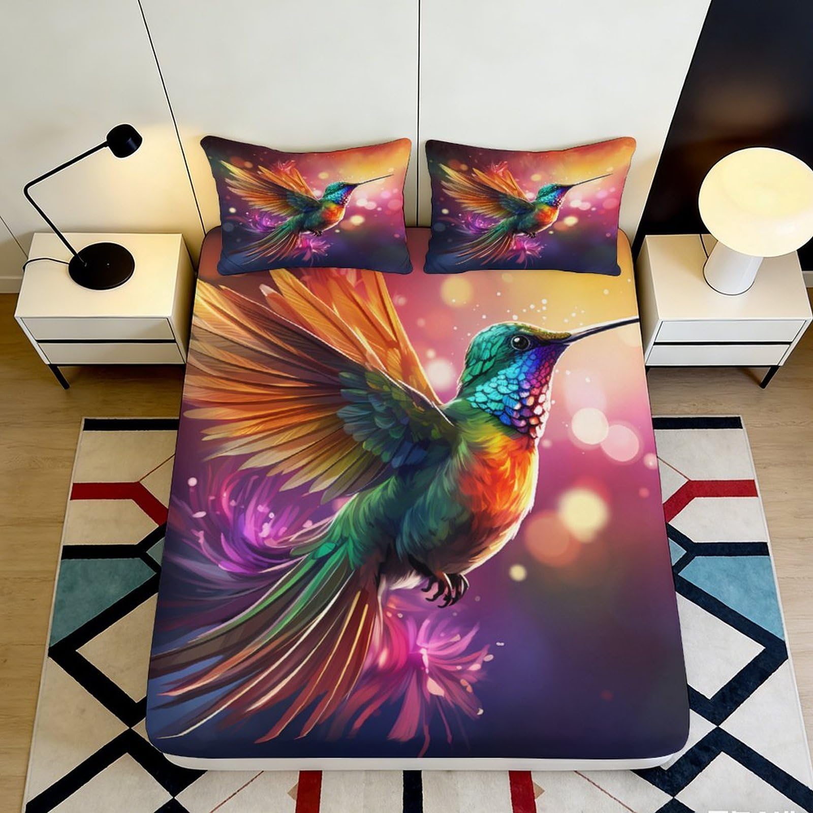 3D Printed Colorful Hummingbird Fitted Sheet Microfiber Soft Breathable Vibrant Bird Mattress Cover for Bedroom Dormitory Guest Room Mattress Protection 120x200x25cm