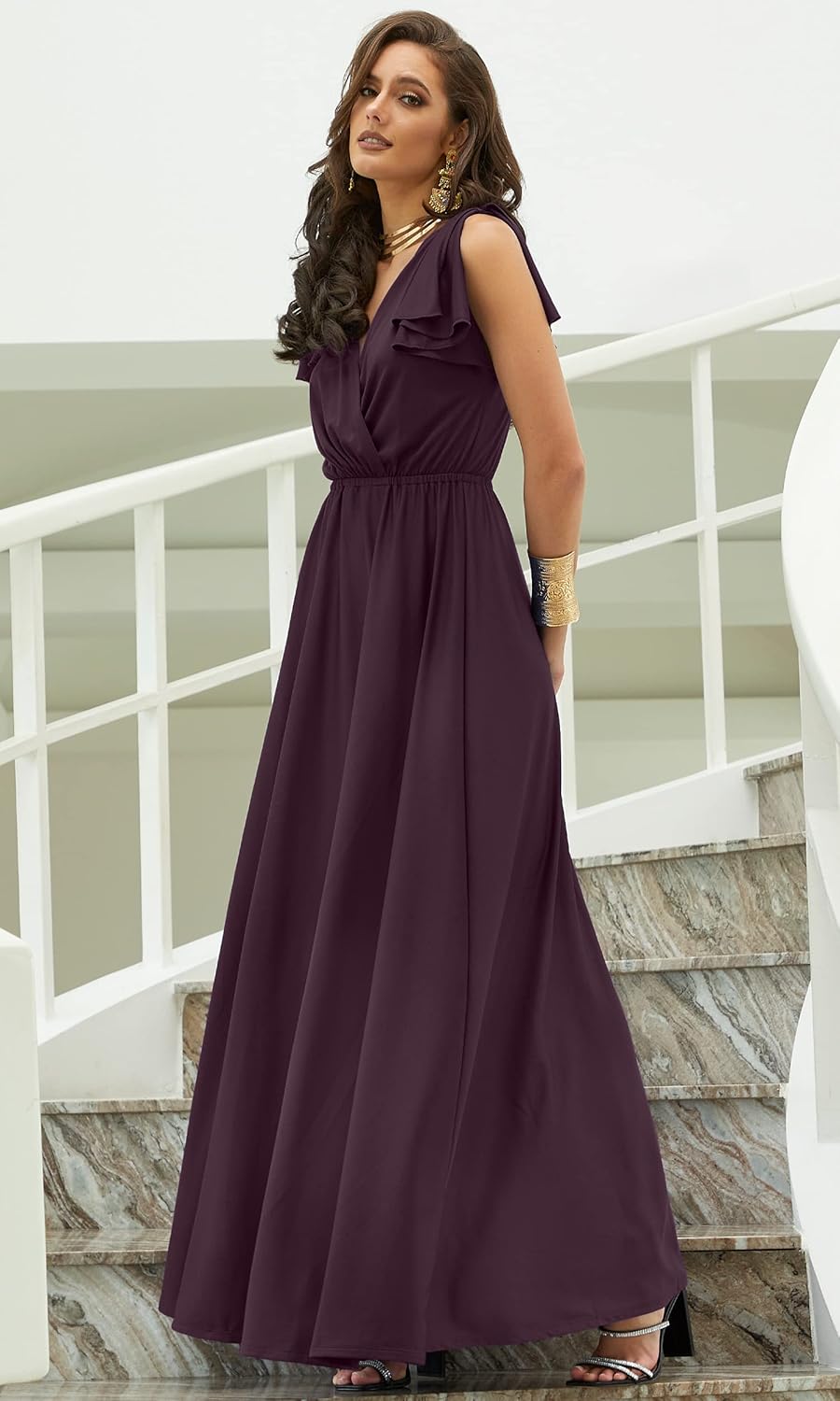 KOH KOH Womens 2026 Long V-Neck Ruffle Sleeveless Bridesmaid Prom Gown Maxi Dress - Image 4
