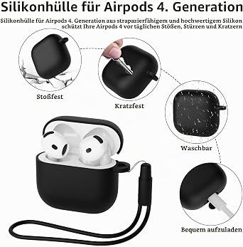 Silicone Protective Case Compatible with AirPods 4 Gen (2024) Silicone Shockproof Soft Protective Case for AirPods 4 with Cleaning Pen Front LED Visible (Black)