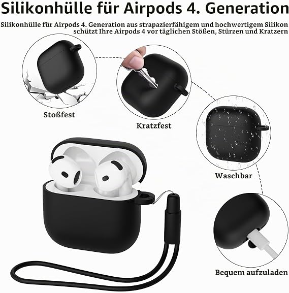 Silicone Protective Case Compatible with AirPods 4 Gen (2024) Silicone Shockproof Soft Protective Case for AirPods 4 with Cleaning Pen Front LED Visible (Black)
