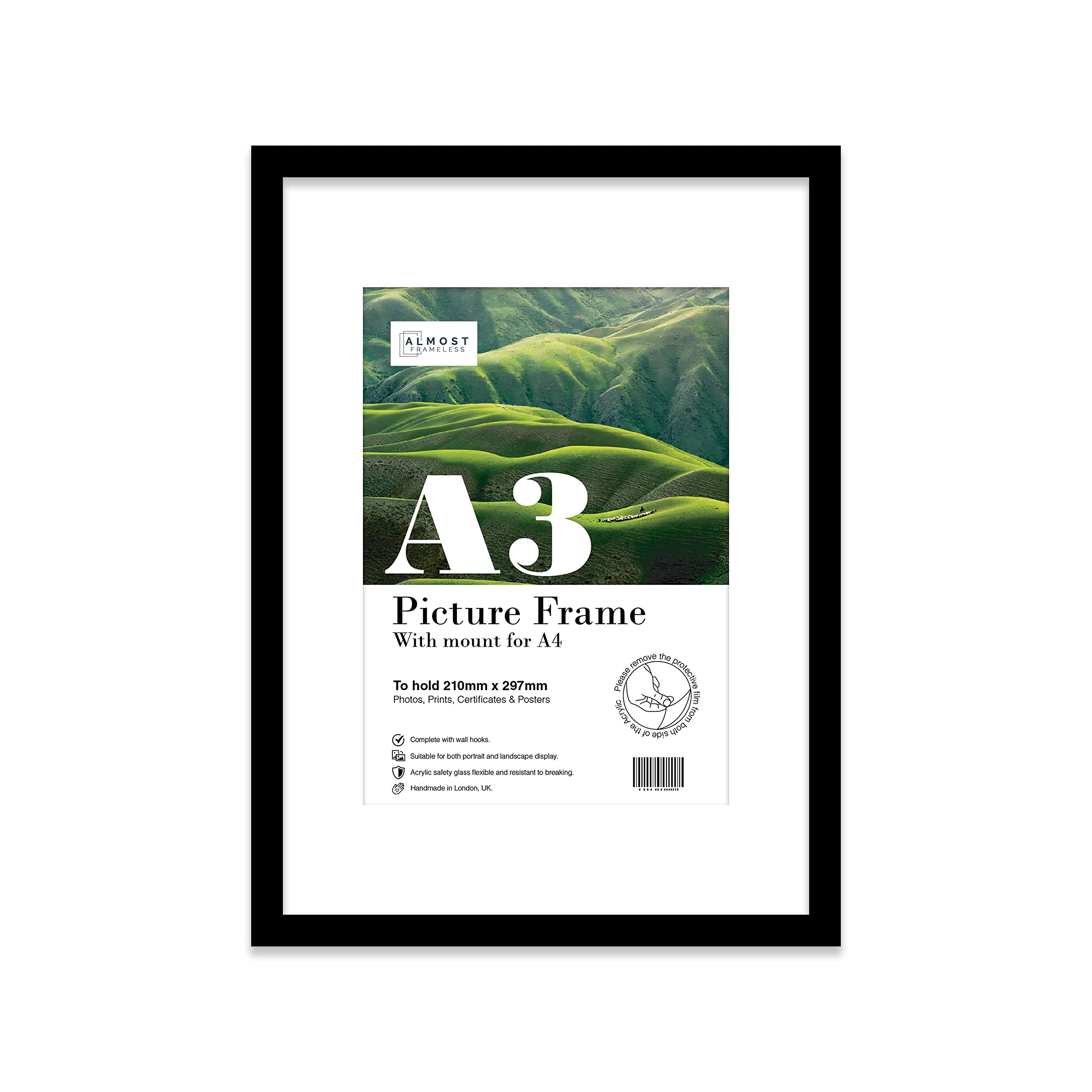 Almost Frameless A3 Black Picture Frame With White Mount for A4 (21 x 29.7cm -8.3 x 11.7in) Print, Photo, or Poster. Portrait and Horizontal Wall Hooks