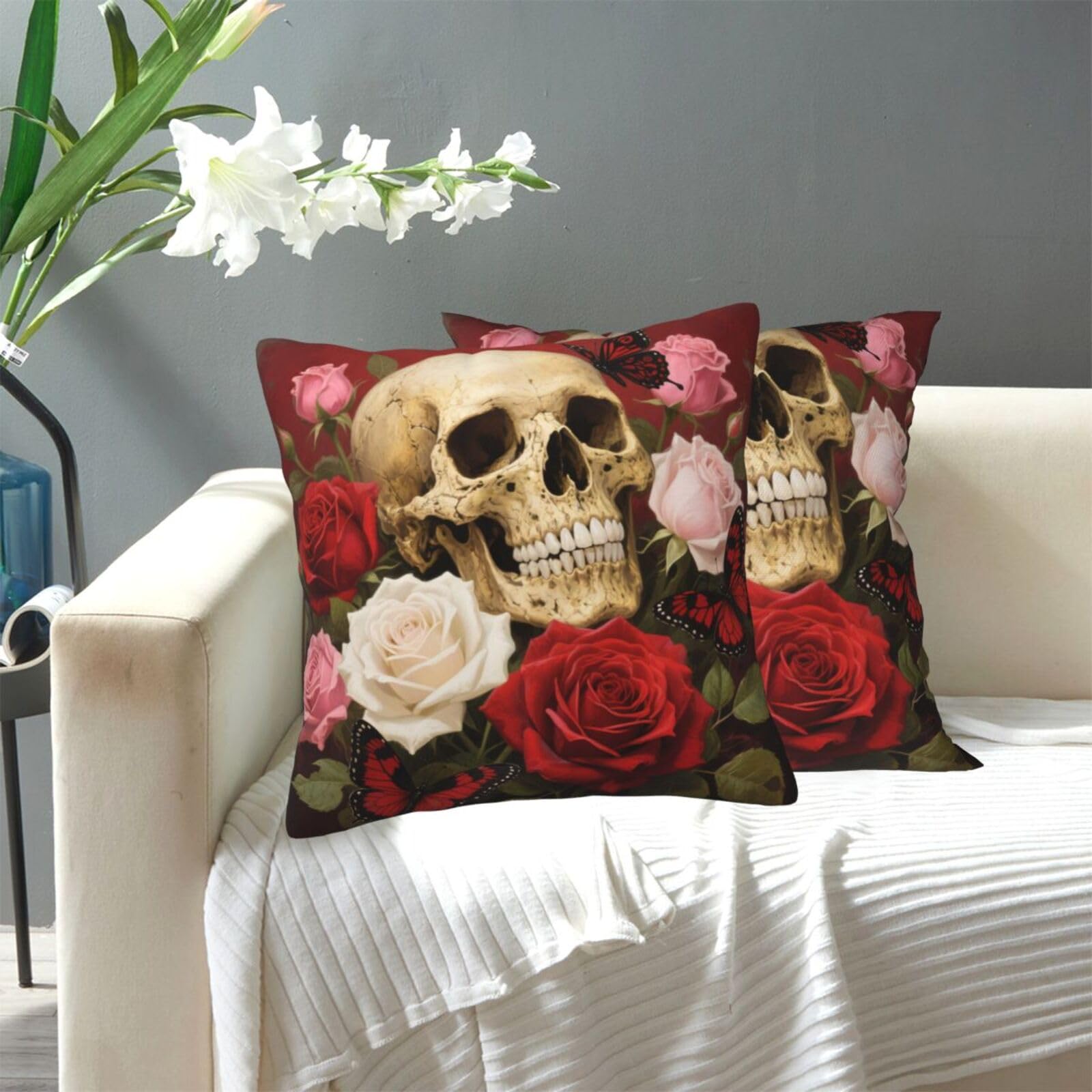 FekiLoot Decorative Throw Pillow Covers Modern Farmhouse Pillowcase Double Sided Cozy Cushion Cover for Sofa Couch Bed 20"X20" Vintage Rose Skull