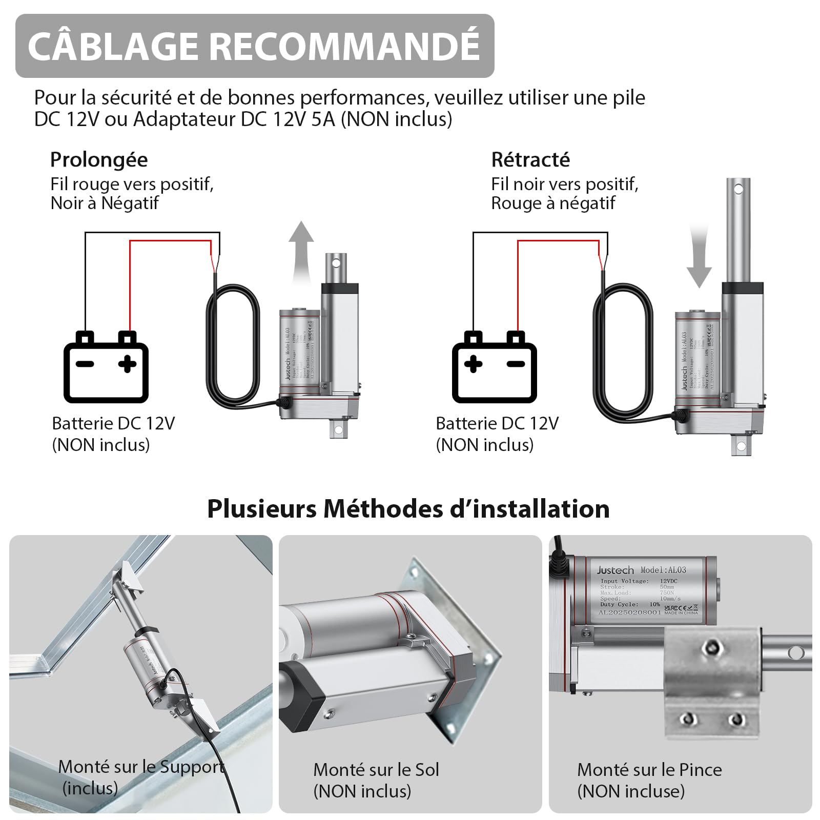 Justech Moteur Linéaire Actionneur Réglable Ouvre-porte 12V DC 750N 50mm Technologie Linéaire Moteur électrique Vérin Moteur à Courant Continu pour Voiture, Meubles, etc