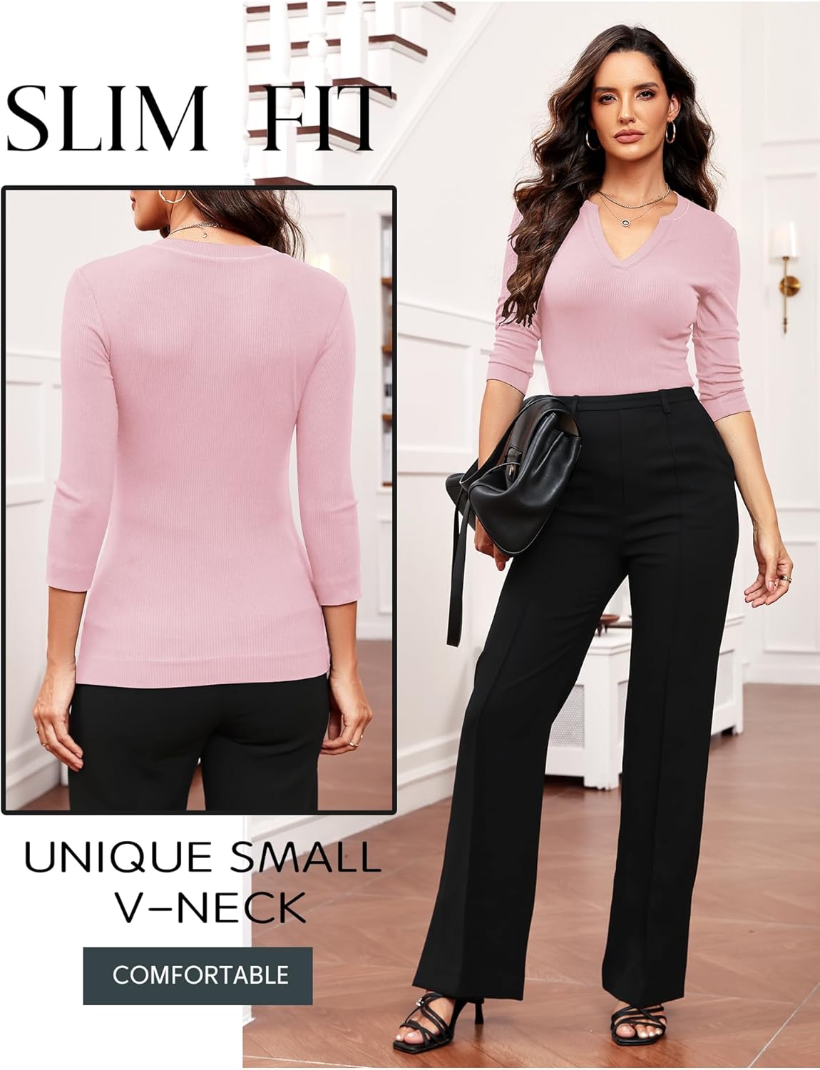 Prettywear Women 3/4 Length Sleeve Shirts V Neck Fitted Business Casual Work Tops 2025 Elegant Ribbed Tunic Blouses - Image 4