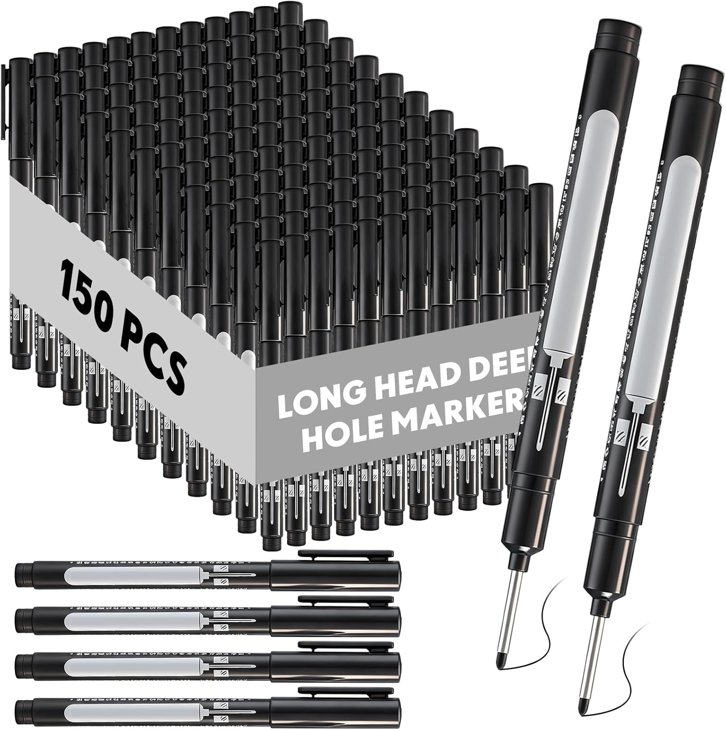 Dunzoom 150 Pcs Long Nib Marker Pens Bulk 20mm Deep Hole Markers Quick Dry Waterproof Construction Long Head Mark Pens for Metal, Steel, Tile, Glass, Carpenter Marking Tool, Black