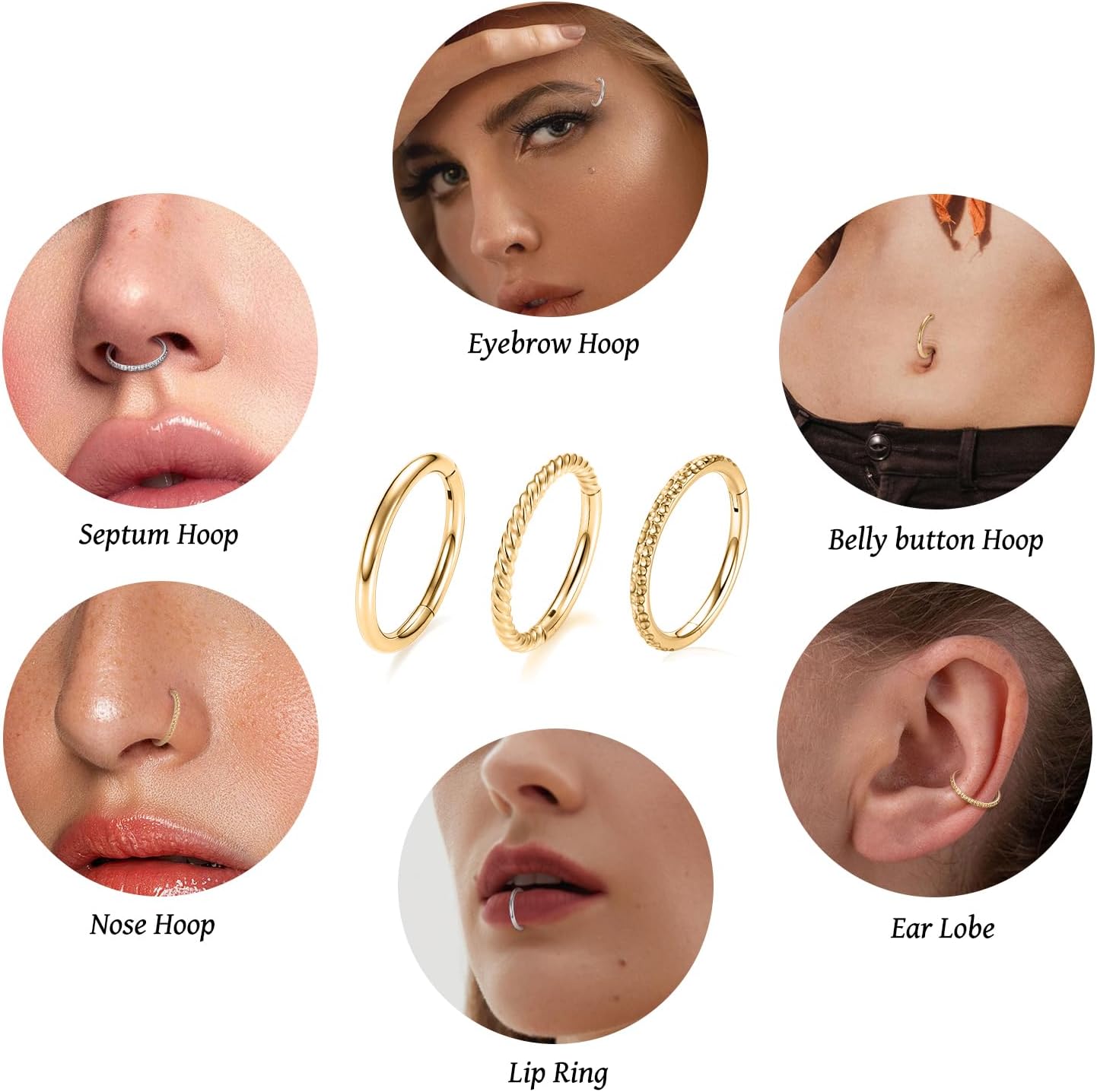 FUNLMO 3Pcs Nose Rings 316L Surgical Steel Septum Rings Tragus Helix Conch Rook Daith Piercing Jewelry Cartilage Earring Lip Rings for Women Men - Image 3