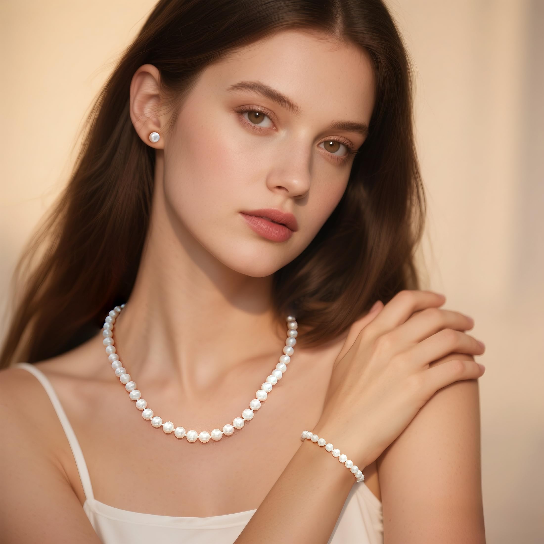 YAMI set perle (collana + bracciale + orecchini), perle di alta qualità coltivate in acqua dolce, argento 925 sterling ipoallergenico, qualità e bellezza, adatto come regalo di Natale, 45 + 5 cm