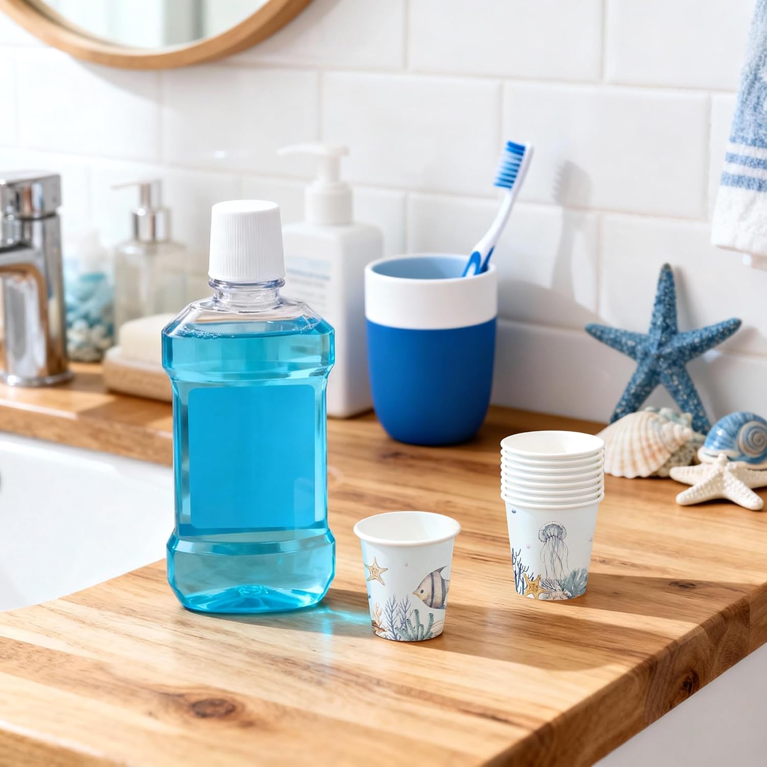 WRAPAHOLIC 3oz Blue Seafish Bathroom Cups - 100 Pack Disposable Paper Cups image 3