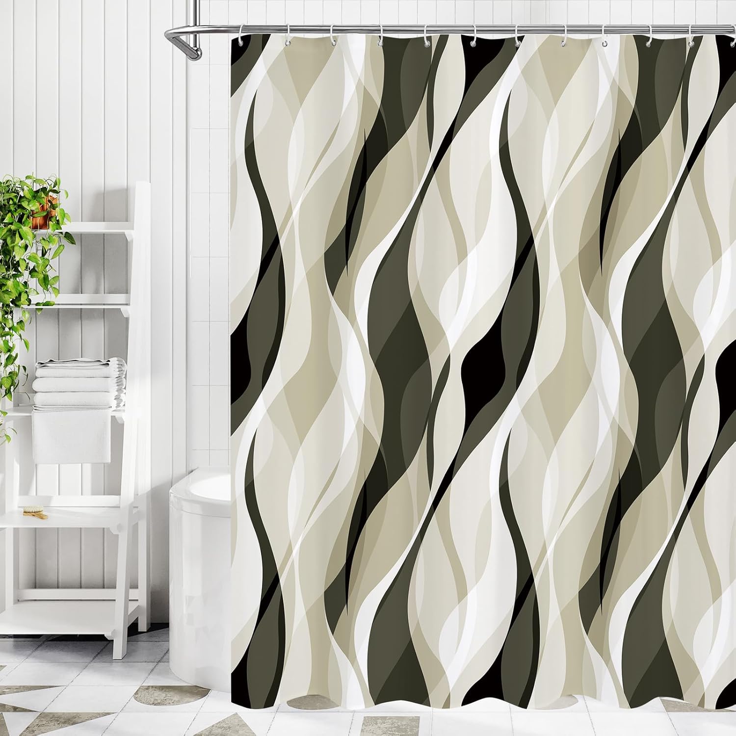 Litabel Ivory Black Wavy Ombre Shower Curtain with Luxury Striped Design, Waterproof Quick-Dry Fabric, Modern Abstract Bathroom Curtain Set with 12 Hooks, 72x72 Inches