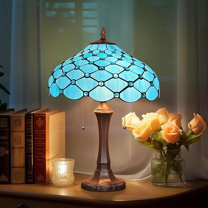 Capulina Capulina Tiffany Lamp Stained Glass Table Lamp 2-Light 16X16X24 Inches Sea Blue Beads Tiffany Style Desk Lamp for Bedrooms Living Room Home Office photo 2