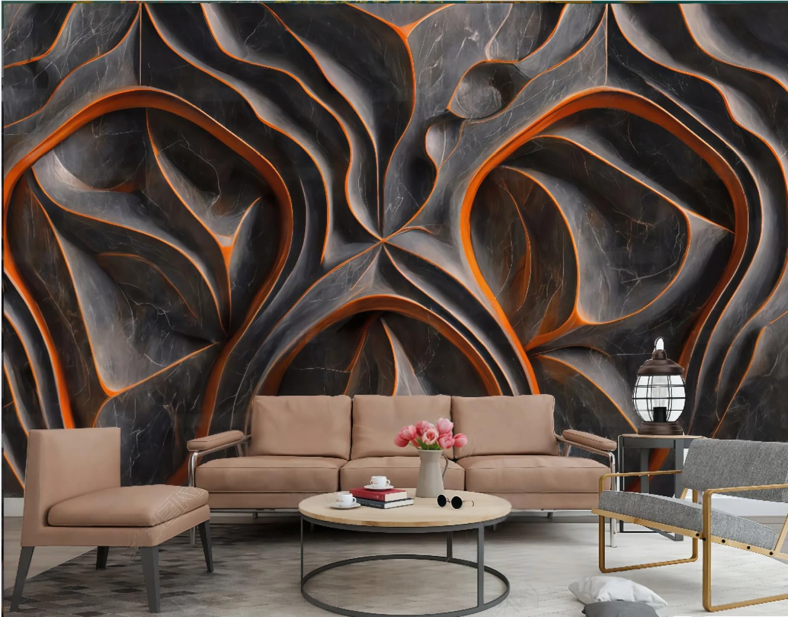 Nowoczesna trójwymiarowa geometryczna tłoczona skała abstrakcyjny wzór marmuru pomarańczowy marmurowy telewizor sofa tło tapeta ścienna salon restauracja kawiarnia, 3D, 250 x 175 cm