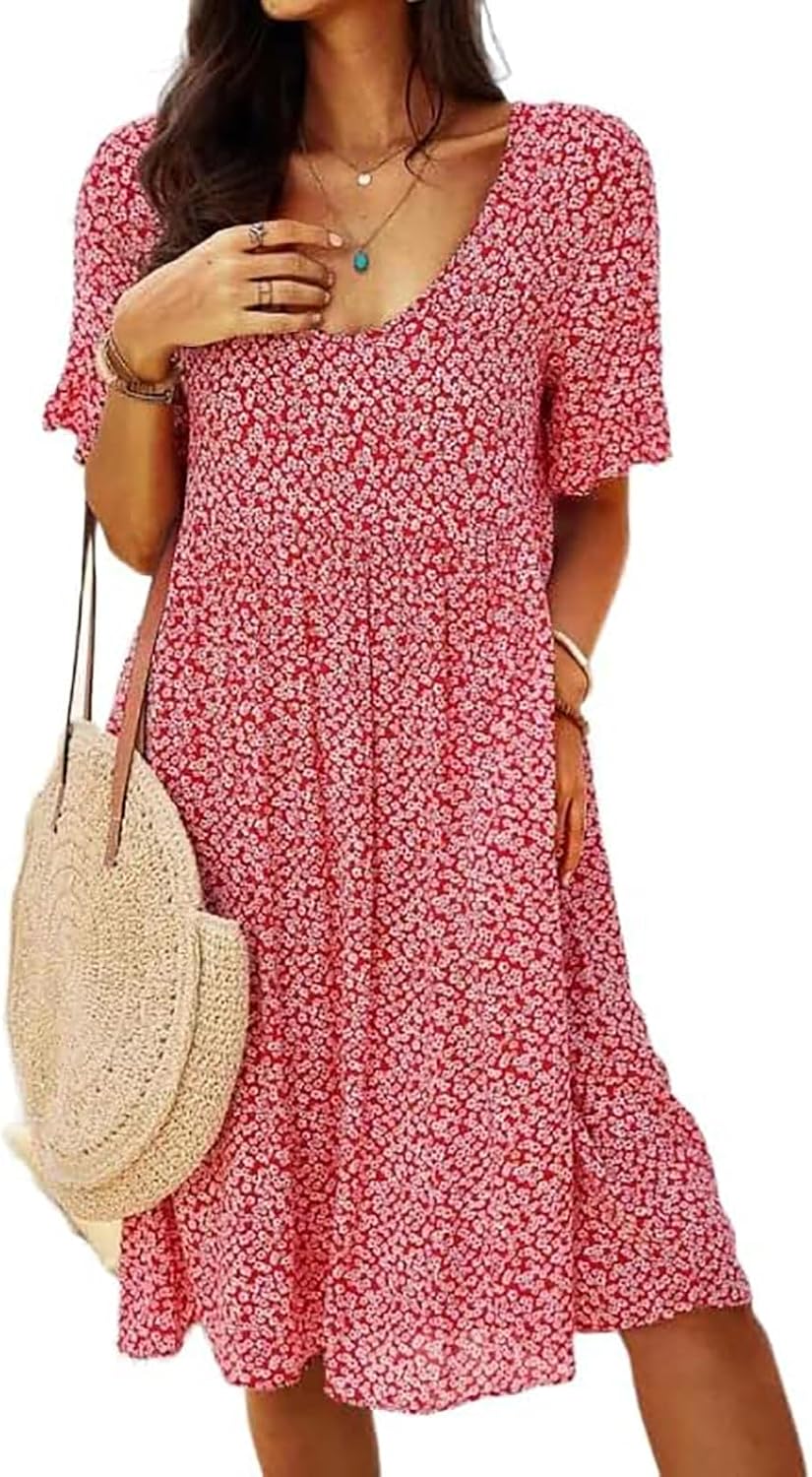 Red XL Summer Dresses for Women 2025 Boho Ditsy Floral A Line Flowy Midi Sundress Short Sleeve Scoop Neck Casual Loose Short Dresses