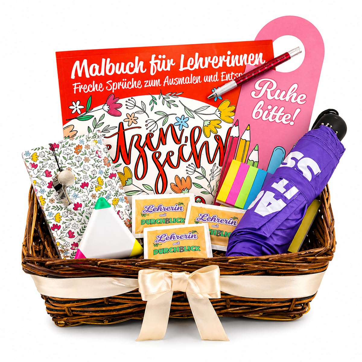 Geschenk für Lehrerin – Geschenk-Set zum Abschied, Klassenwechsel, Geburtstag, Schuljahresende oder als Dankeschön - Präsentkorb mit Schirm für Lieblingslehrerin, Abschiedsgeschenk, Klassen-Geschenk