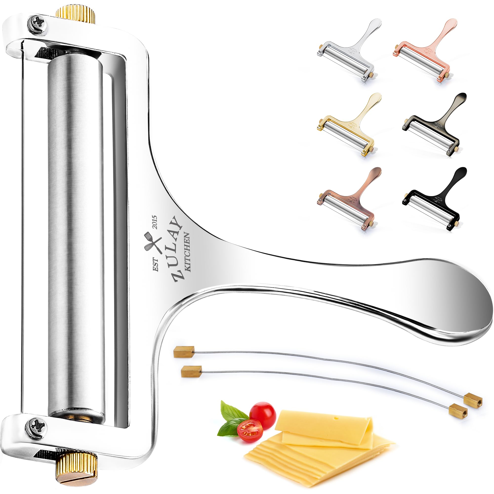 Zulay Kitchen Stainless Steel Wire Cheese Slicer - Adjustable Hand Held Cheese Cutter with 2 Extra Wires - Premium Cheese Knife for Mozzarella, Cheddar, Gruyere - Cheese Cutter with Wire (Silver)