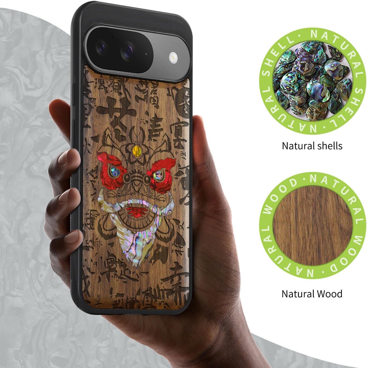 Carveit Magnetic Wooden Case for Google Pixel 9 Case, Wood Artisan Engraved & Handmade Shell Inlaid, Compatible with MagSafe Wireless Chargers, Chinese Lion Dance - Walnut