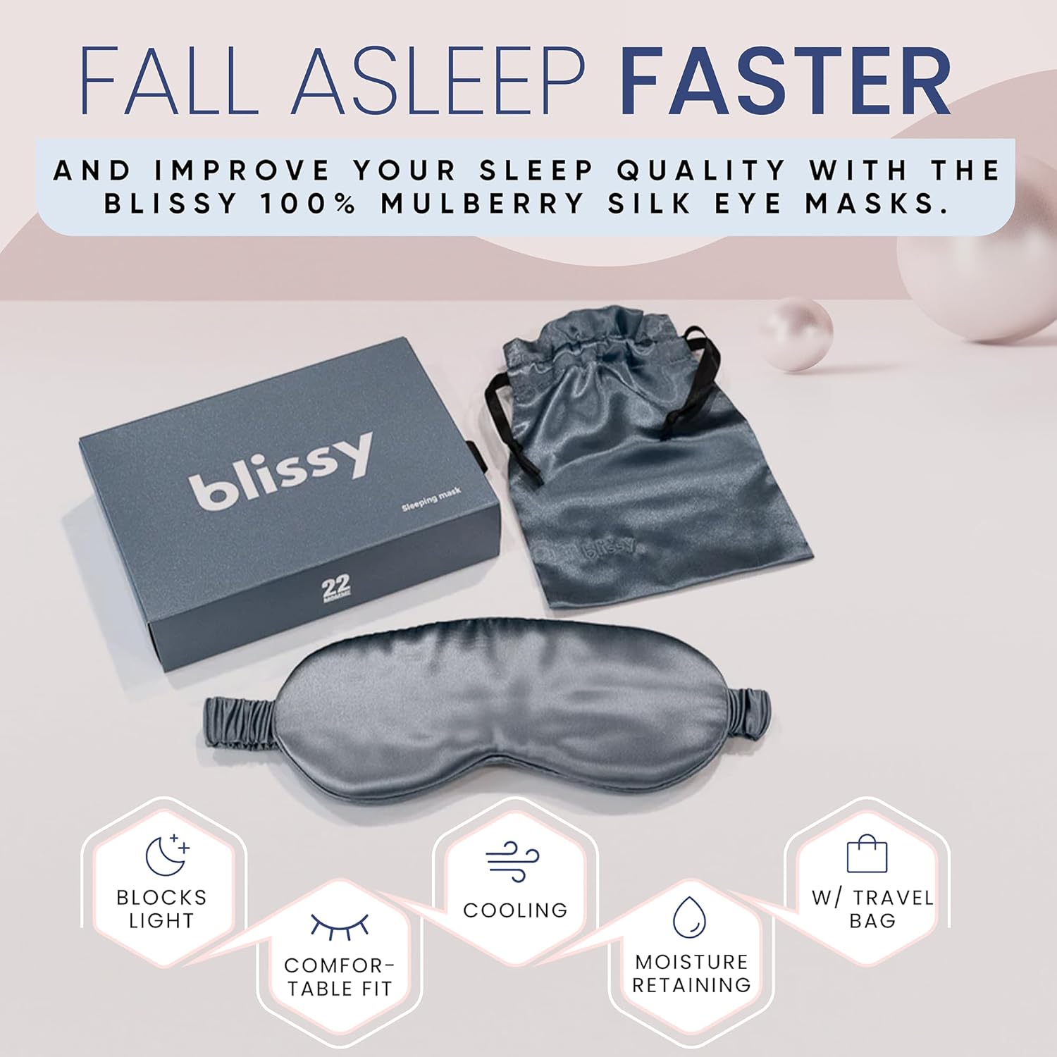 Blissy Silk Sleep Mask - Eye Sleeping Mask for Women & Men for Total Blackout - 100% Pure Mulberry Silk, 22 Momme 6a Fibers - Blindfold Sleep Mask Side Sleeper Eye Cover (Ash Blue)