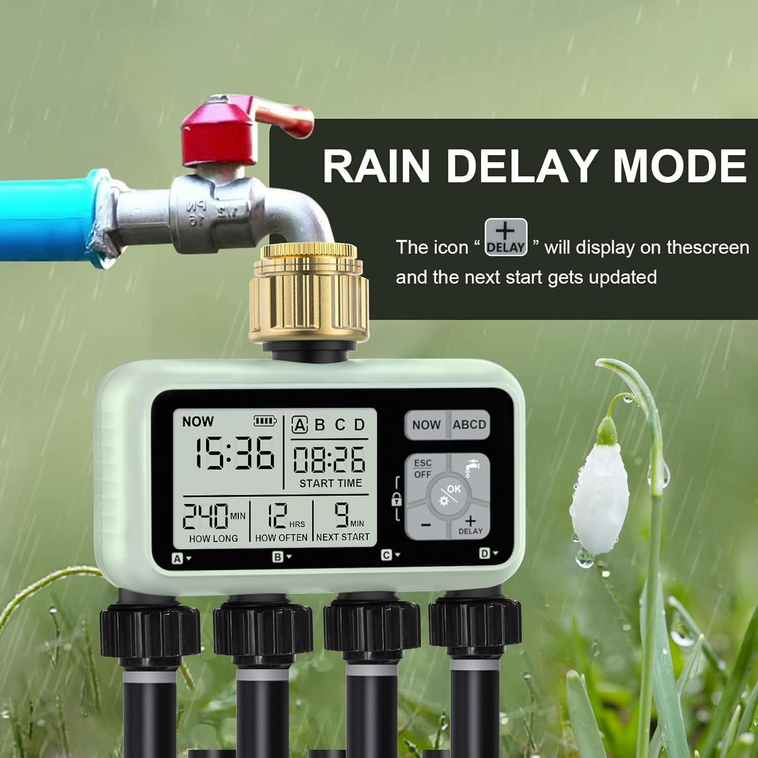 Johgee 4 Zone Water Timer with Brass Inlet for Irrigation Sprinkler Timer 4 Outlet, Garden Hose Timers - Image 4