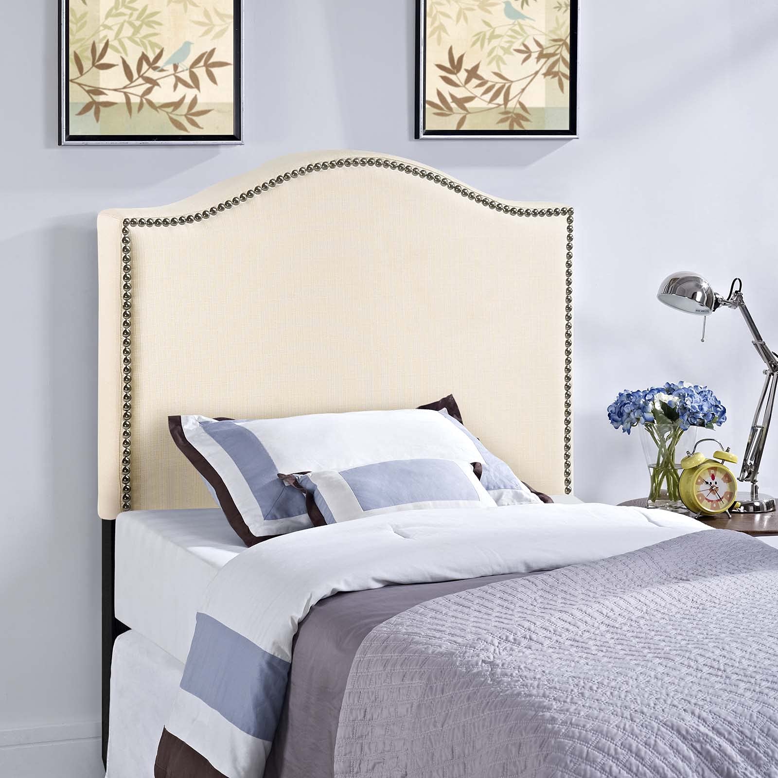 Modway Lexmod Curl Nailhead Lit capitonnée, Bois Dense, Ivoire, Jumeau