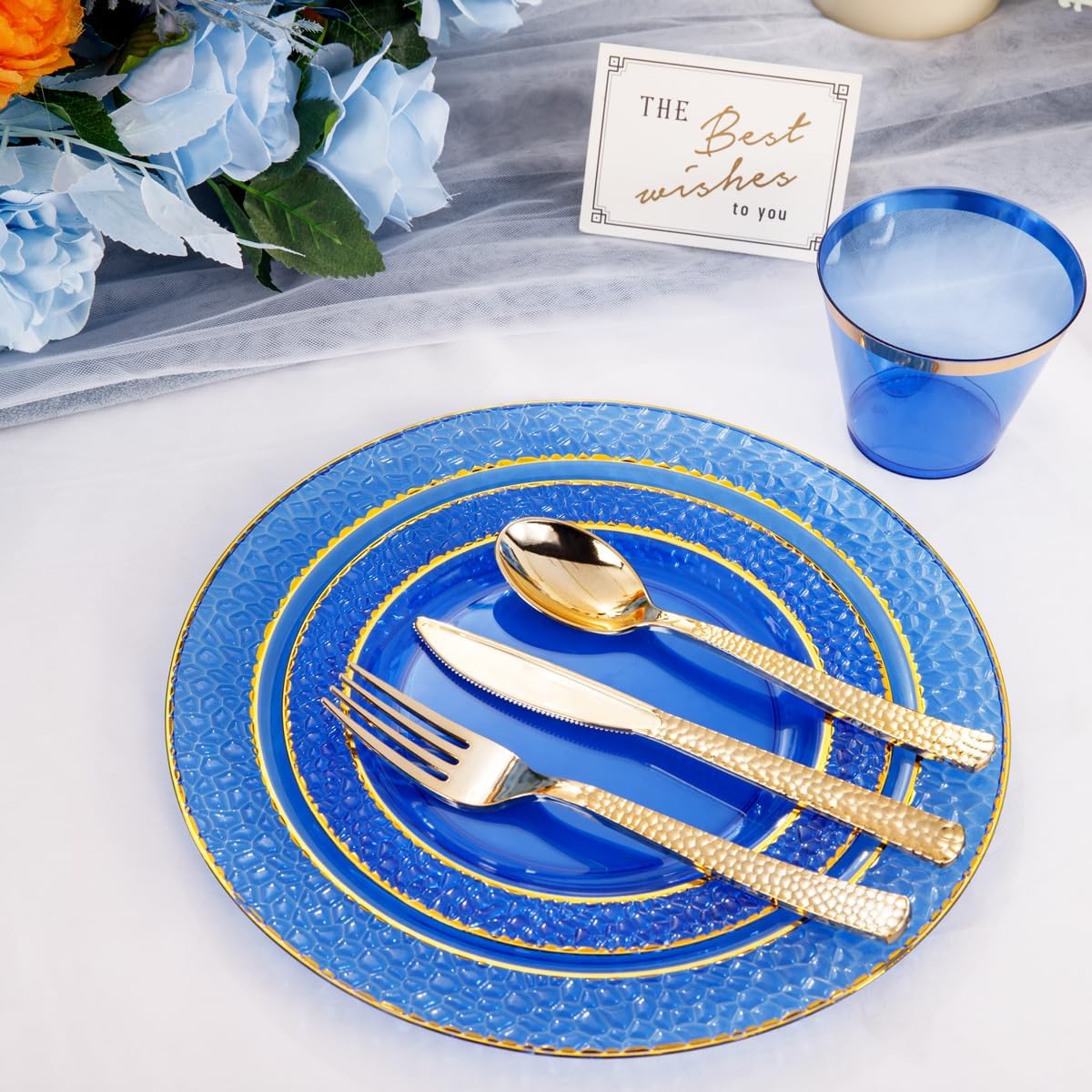 Nervure 150PCS Clear Blue Plastic Plates - Gold Party Plates - Blue and Gold Dinnerware Set Include: 50 Disposable Plate, 25Cups, 25Forks, 25Knives, 25Spoons for Wedding & Party & Hanukkah - Image 5