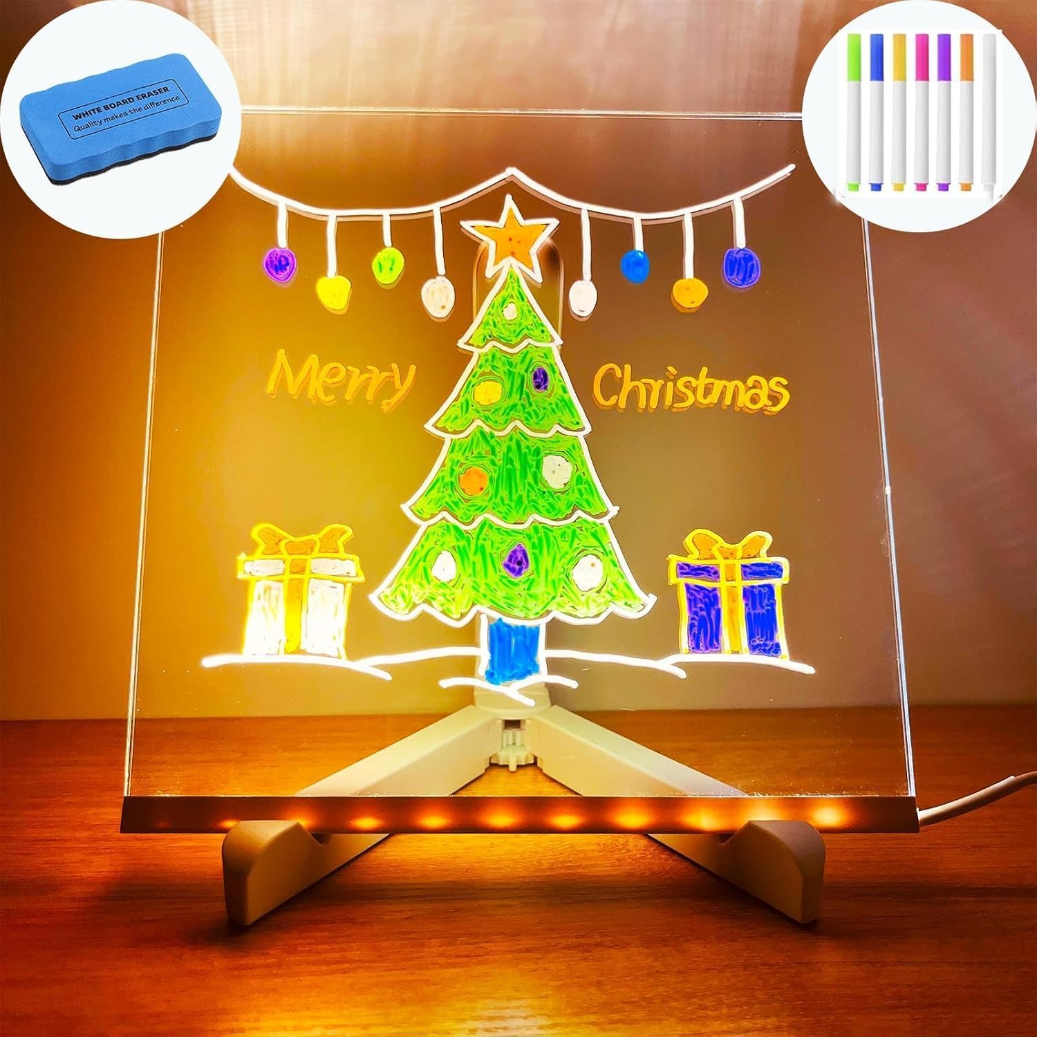 Acrylic Led Dry Erase Board - Creative Rewritable Message Board - Led Color Note Board - Light up Board to Write on as a Glow Memo Board Note with 7 Pen - Free Eraser Easy to Clean 2026(7.9 * 7.9in)