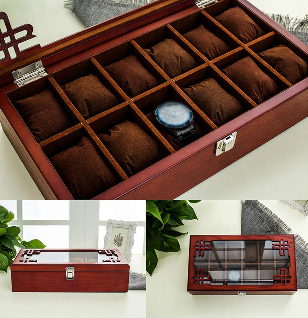 MUSUMI Caja de reloj de Madera con tapa de vidrio,caja de almacenamiento de joyería de lujo para 12 relojes,organizador de gemelos con almohada de almacenamiento extraíble y Hebilla de Metal