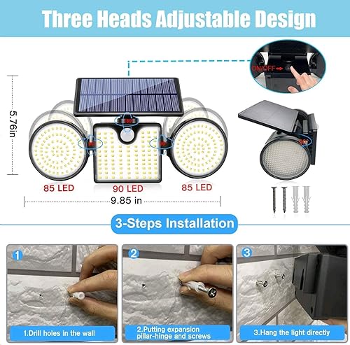 Miniatura 6 de Luces solares para exteriores, 260 luces LED de pared alimentadas por energía solar con sensor de movimiento, focos de doble cabeza, IP65,