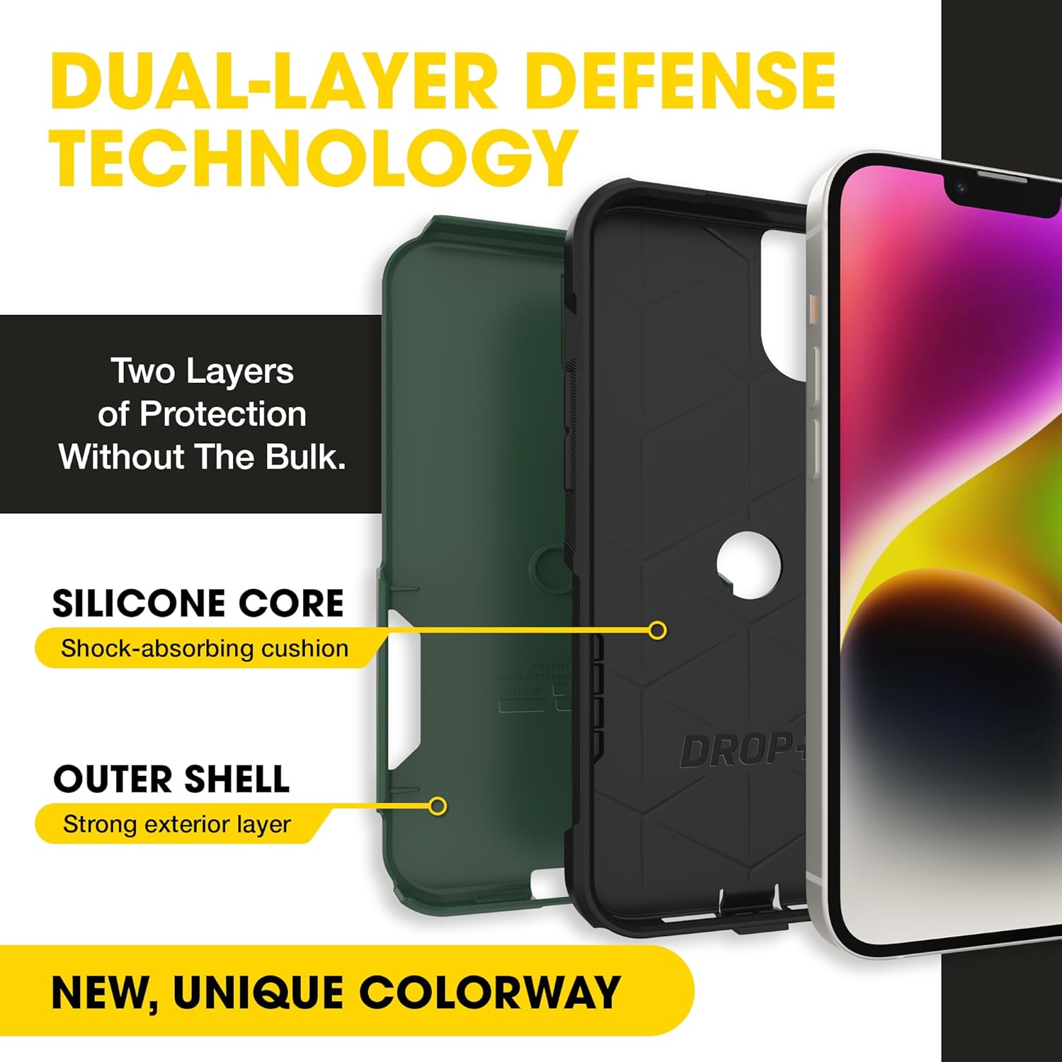 OtterBox iPhone 14 & iPhone 13 Commuter Series Case - Commuter Series Case -Thin, Dual-Layer, Pocket-Friendly, Port Cover - Green/Black