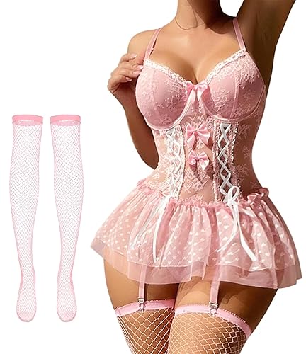 Foxiny Sexy Stocking Corset Babydoll Mesh Sheer Lace Up Ruffle Underwire Garter Lingerie with Thong Set 3 Piece