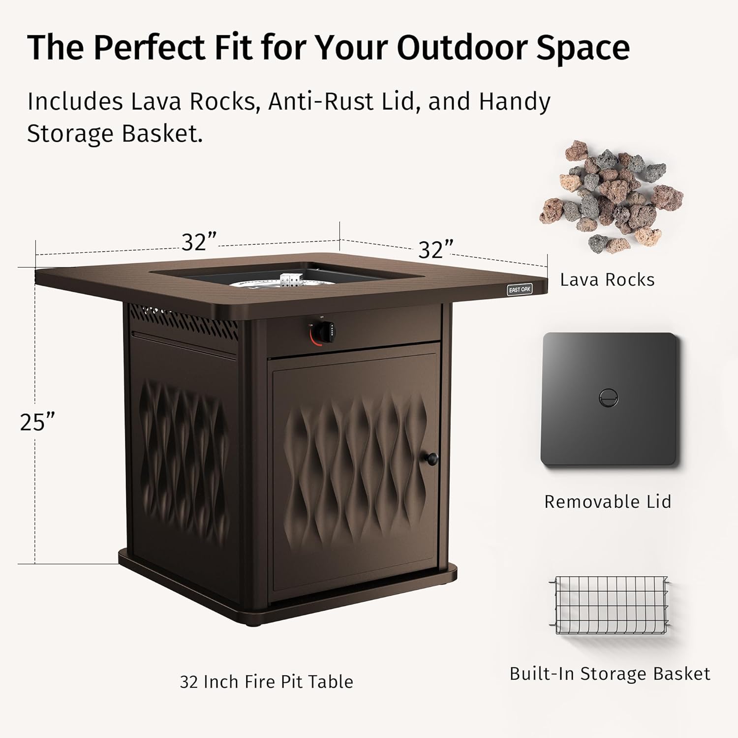 East Oak 32" Outdoor Propane Fire Pit Table | 50,000 BTU Gas Fire Pit Table for Outside with Magnetic Lid | Storage Basket & Lava Rocks | CSA Certified for Patio, Garden & Backyard | Brown