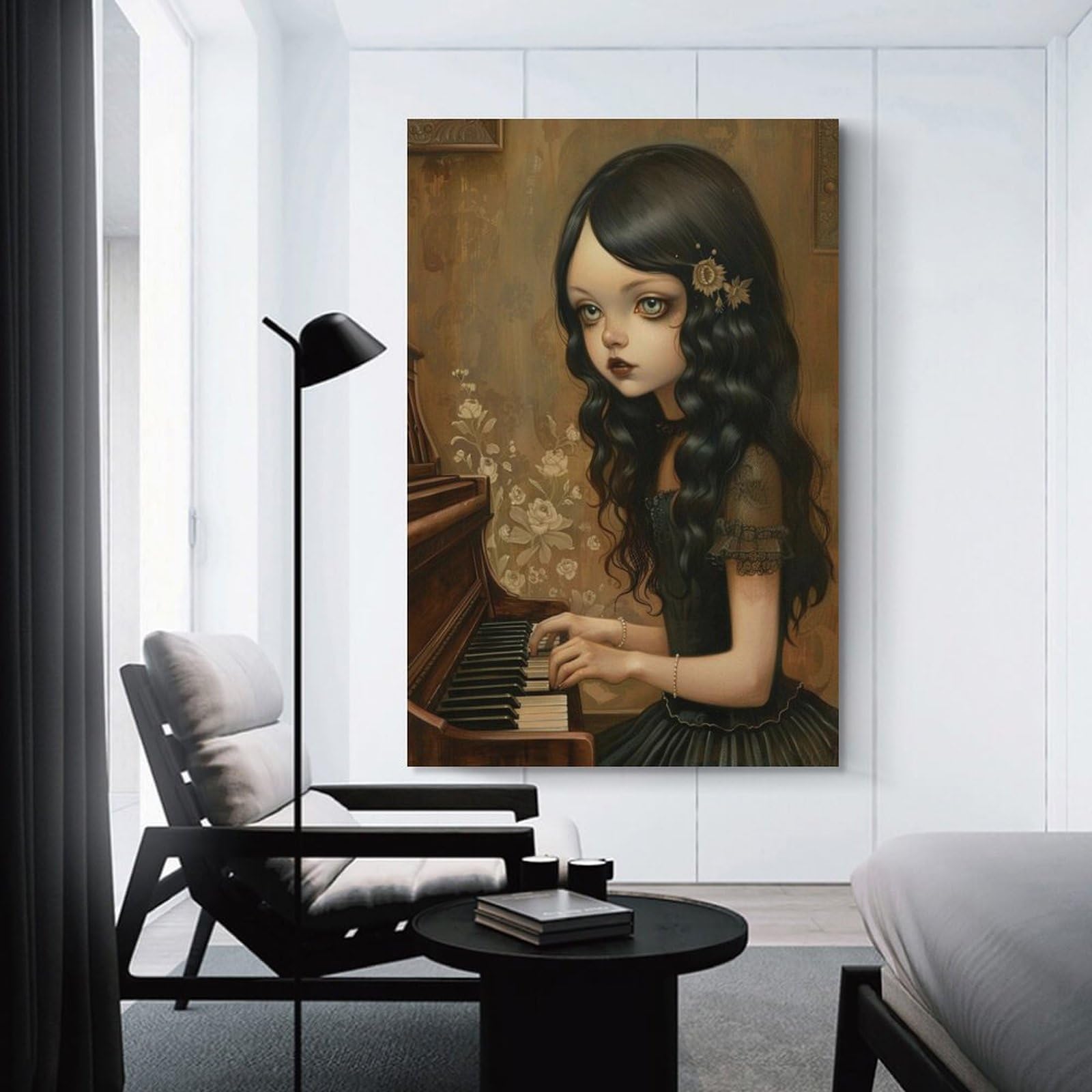 NFFBGFD Mädchen Spielt Klavie - Poster su tela, decorazione per camera da letto, ufficio, stanza, regalo, 60 x 90 cm
