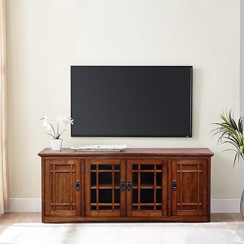 Miniatura 6 de Leick Home 82360 Soporte de TV de madera maciza Mission Oak de cuatro puertas para televisores de 65" Consola universal de TV para sala de estar,