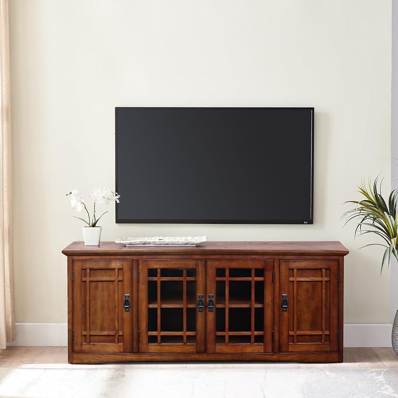 Leick Home 82360 Solid Wood Mission Oak Four Door TV Stand For 65" TVs Universal TV Console Living Room Storage Shelves Entertainment Center, Mission Oak image 6