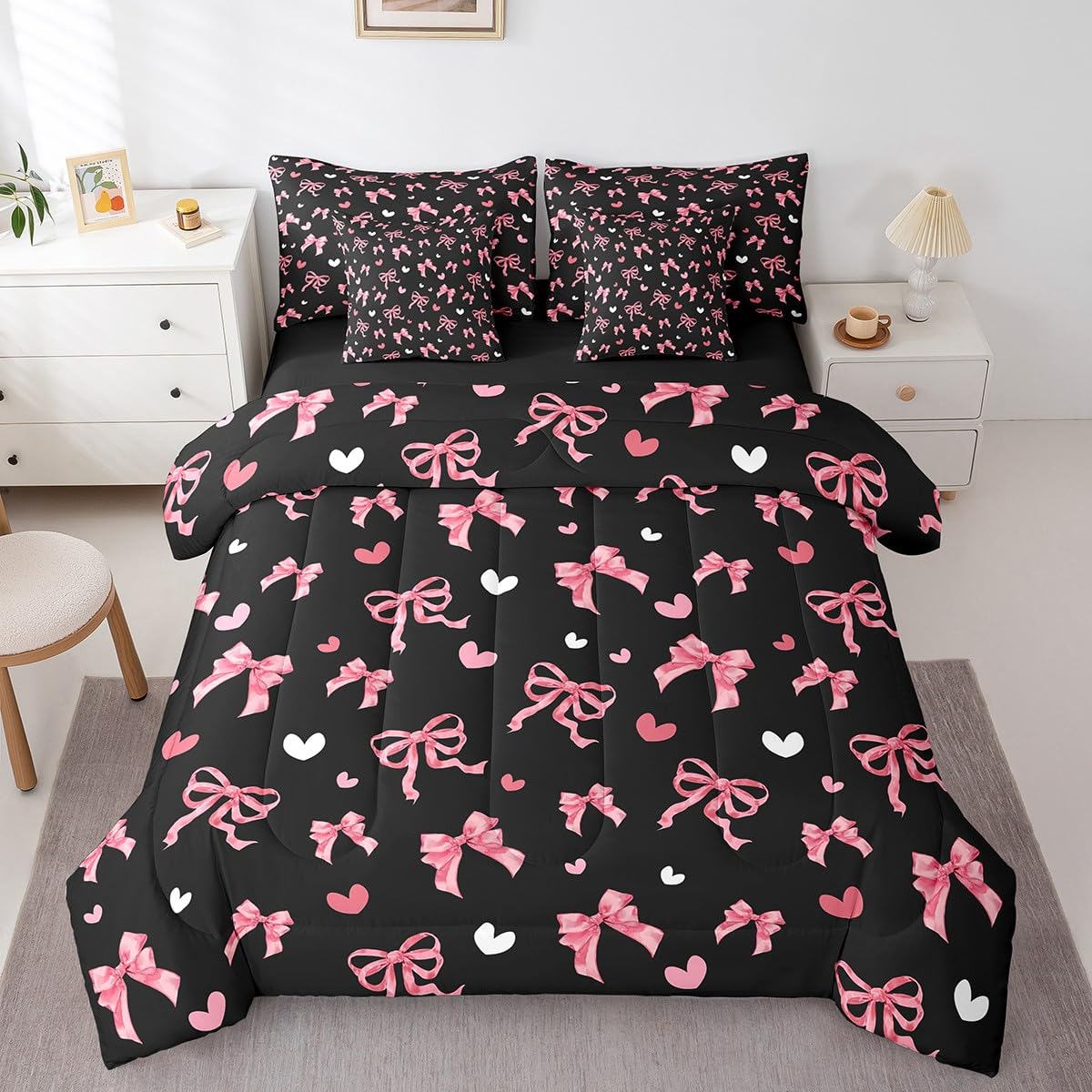 Erosebridal Dreamy Princess Bowknot Girls Bedding Set Cute Girly Bow Bed in A Bag Pink Kawaii Butterfly Knot Full Comforter Set 7 Piece for Kids Teen Women,Aesthetic Coquette Bed Set,Pink Black